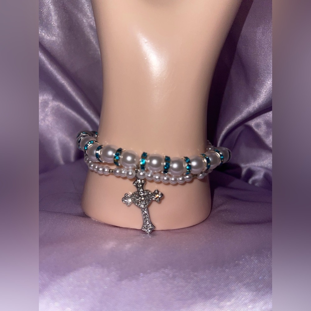Pearls and cross charm bracelet
